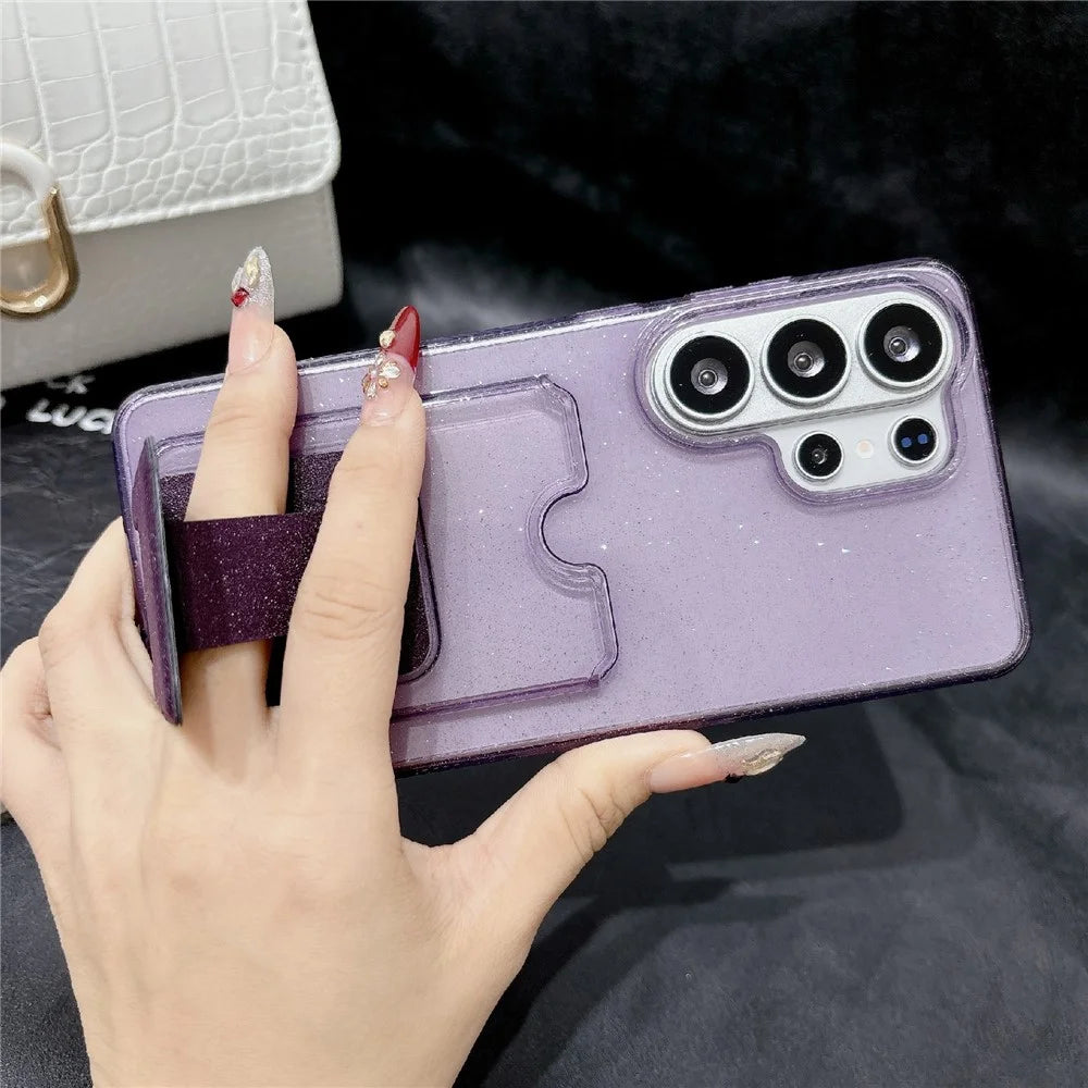 For Samsung Galaxy S25 Ultra Glitter Phone Case 2.0mm Shockproof TPU Phone Cover with Card Holder Kickstand - Black - 6