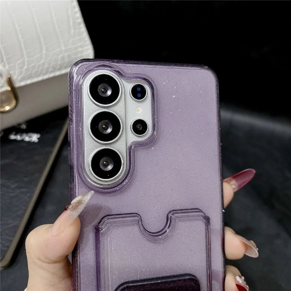 For Samsung Galaxy S25 Ultra Glitter Phone Case 2.0mm Shockproof TPU Phone Cover with Card Holder Kickstand - Black - 7