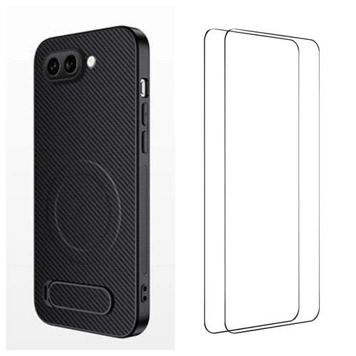 WANLONFENG For Google Pixel 9a Magnetic Case with 2Pcs Tempered Glass Films  QT1 Series Kickstand Carbon Fiber Texture PC TPU Phone Cover - Black - 1