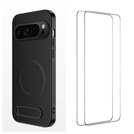 WANLONFENG For Google Pixel 9 Pro XL Magnetic Case with 2Pcs Tempered Glass Films  QT1 Series Kickstand Carbon Fiber Texture PC TPU Phone Cover - Black - 1
