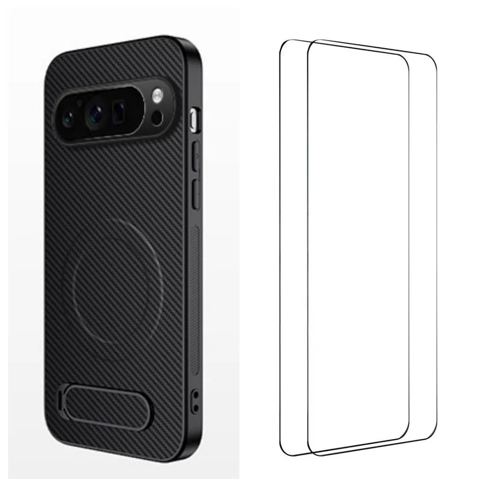 WANLONFENG For Google Pixel 9 Pro Magnetic Case with 2Pcs Tempered Glass Films  QT1 Series Kickstand Carbon Fiber Texture PC TPU Phone Cover - Black - 1