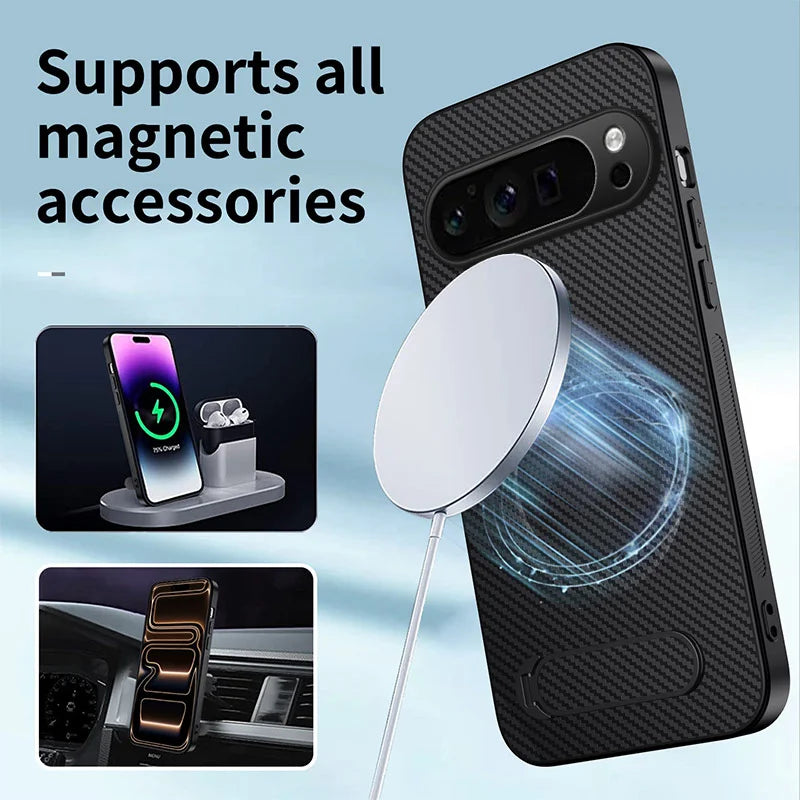 WANLONFENG For Google Pixel 9 Pro Magnetic Case with 2Pcs Tempered Glass Films  QT1 Series Kickstand Carbon Fiber Texture PC TPU Phone Cover - Black - 3