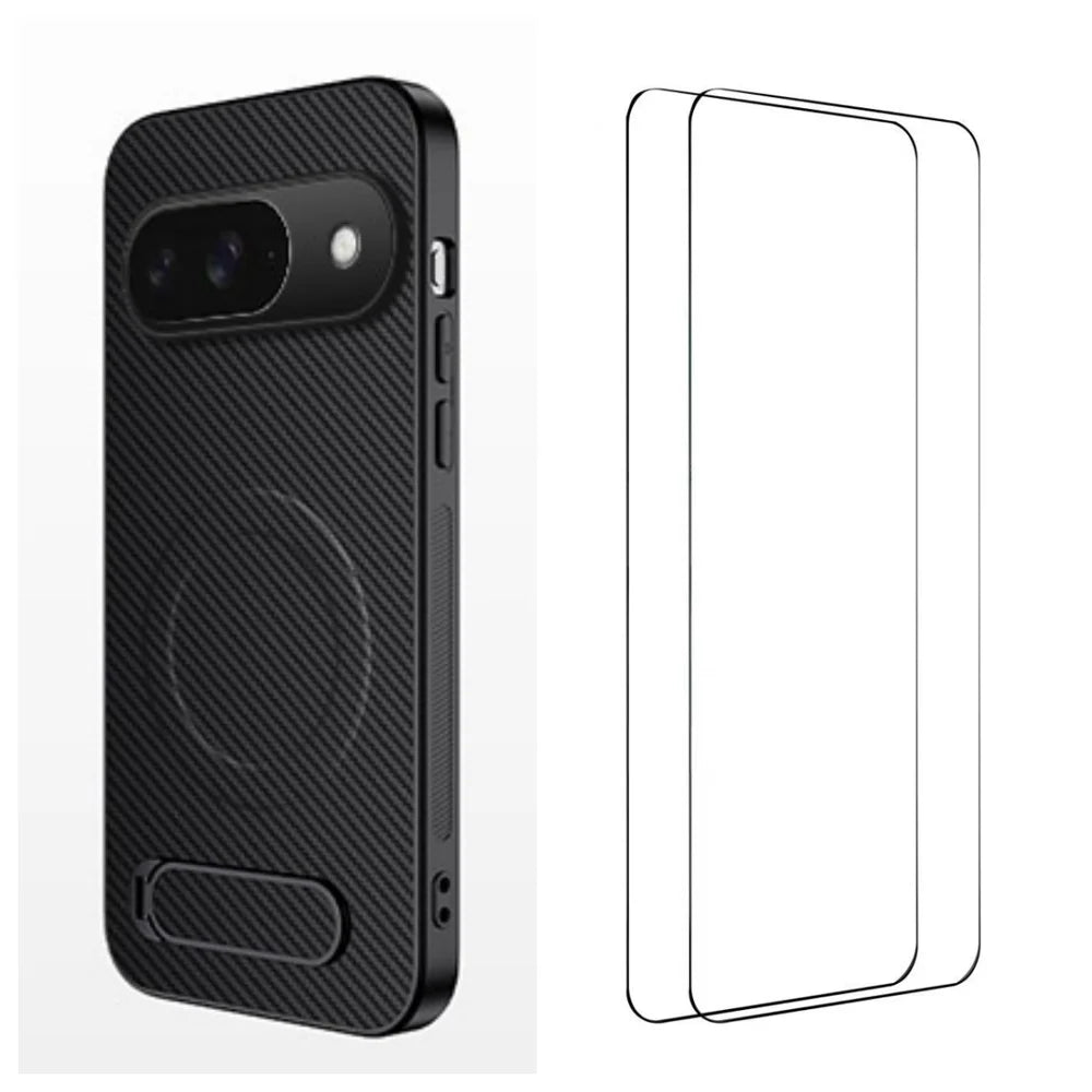 WANLONFENG For Google Pixel 9 Magnetic Case with 2Pcs Tempered Glass Films  QT1 Series Kickstand Carbon Fiber Texture PC TPU Phone Cover - Black - 1