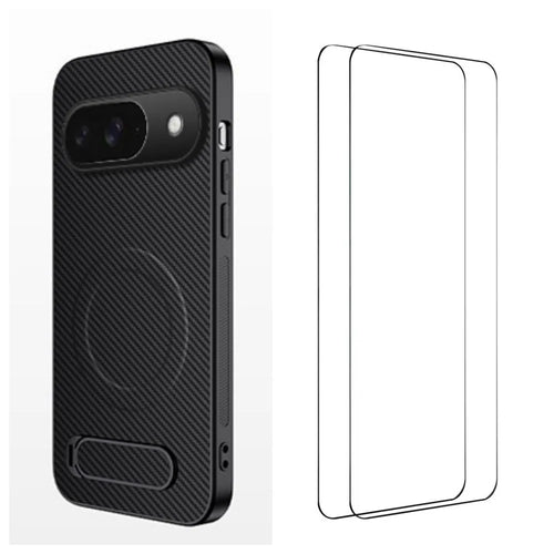 WANLONFENG For Google Pixel 9 Magnetic Case with 2Pcs Tempered Glass Films  QT1 Series Kickstand Carbon Fiber Texture PC TPU Phone Cover - Black - 1