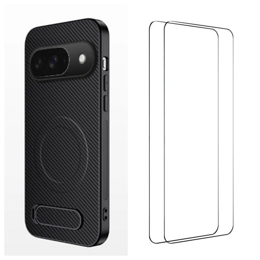 WANLONFENG For Google Pixel 9 Magnetic Case with 2Pcs Tempered Glass Films  QT1 Series Kickstand Carbon Fiber Texture PC TPU Phone Cover - Black - 1