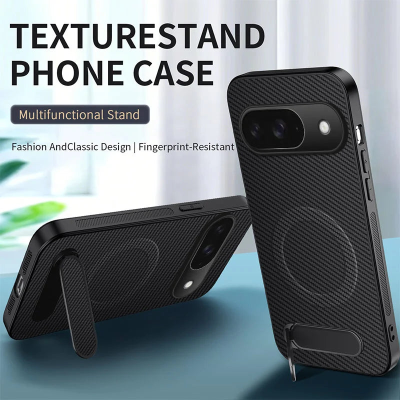 WANLONFENG For Google Pixel 9 Magnetic Case with 2Pcs Tempered Glass Films  QT1 Series Kickstand Carbon Fiber Texture PC TPU Phone Cover - Black - 2
