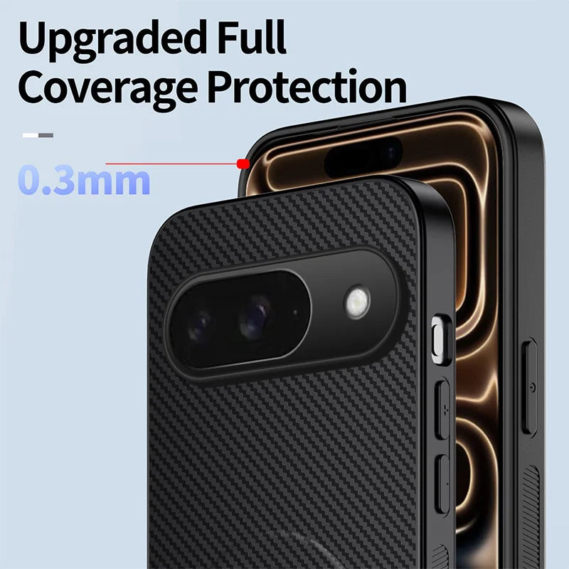 WANLONFENG For Google Pixel 9 Magnetic Case with 2Pcs Tempered Glass Films  QT1 Series Kickstand Carbon Fiber Texture PC TPU Phone Cover - Black - 5