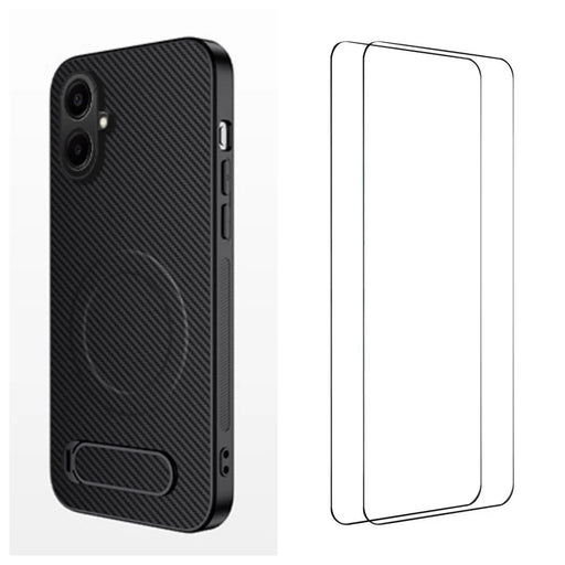 WANLONFENG For Samsung Galaxy A08 4G / A07 4G Magnetic Case with 2Pcs Tempered Glass Films  QT1 Series Kickstand Carbon Fiber Texture PC TPU Phone Cover - Black - 1