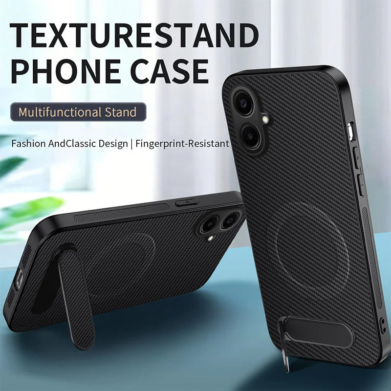 WANLONFENG For Samsung Galaxy A08 4G / A07 4G Magnetic Case with 2Pcs Tempered Glass Films  QT1 Series Kickstand Carbon Fiber Texture PC TPU Phone Cover - Black - 2