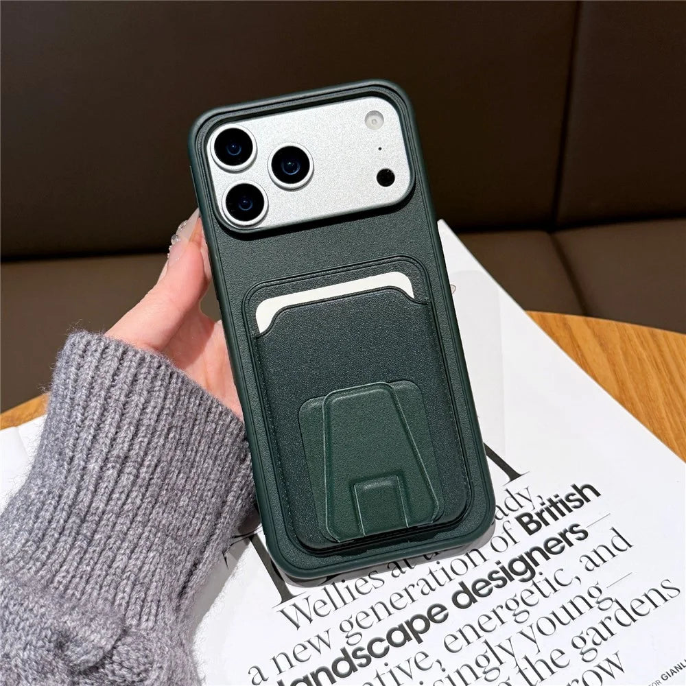 For iPhone 17 Pro Phone Case with Card Holder Kickstand Leather PC TPU Shockproof Protective Cover - Dark Green - 1