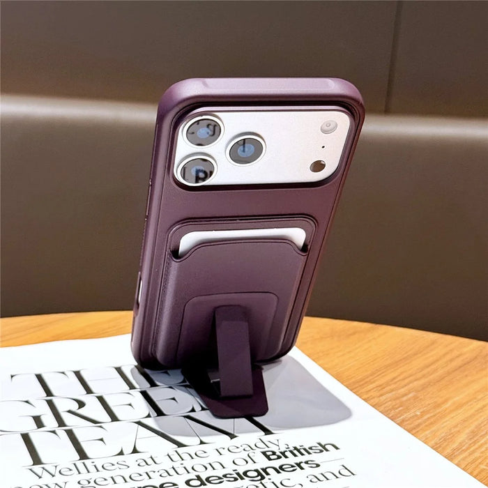 For iPhone 17 Pro Phone Case with Card Holder Kickstand Leather PC TPU Shockproof Protective Cover - Dark Green - 2