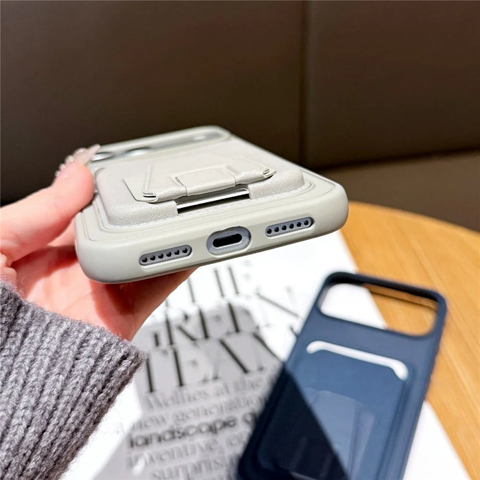 For iPhone 17 Pro Phone Case with Card Holder Kickstand Leather PC TPU Shockproof Protective Cover - Dark Green - 6