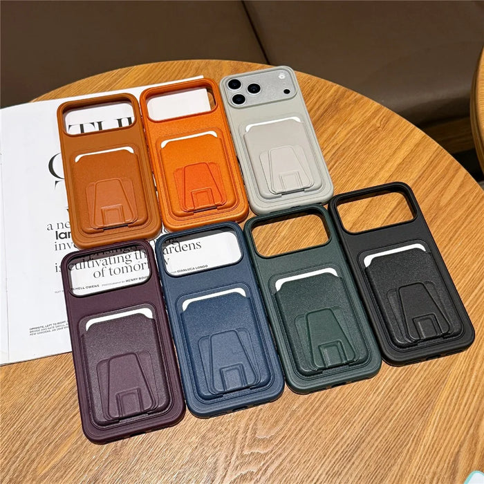 For iPhone 17 Pro Phone Case with Card Holder Kickstand Leather PC TPU Shockproof Protective Cover - Dark Green - 7
