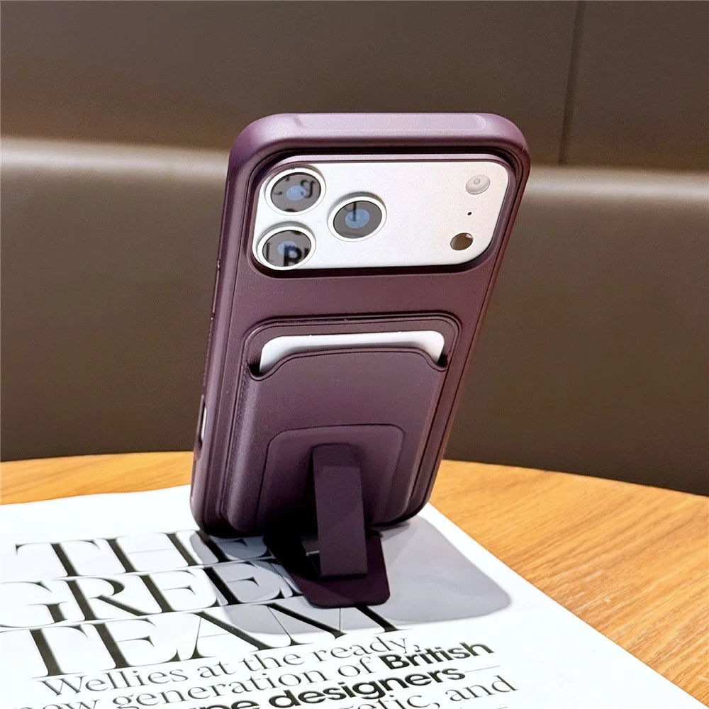 For iPhone 17 Pro Max Phone Case with Card Holder Kickstand Leather PC TPU Shockproof Protective Cover - Dark Green - 2