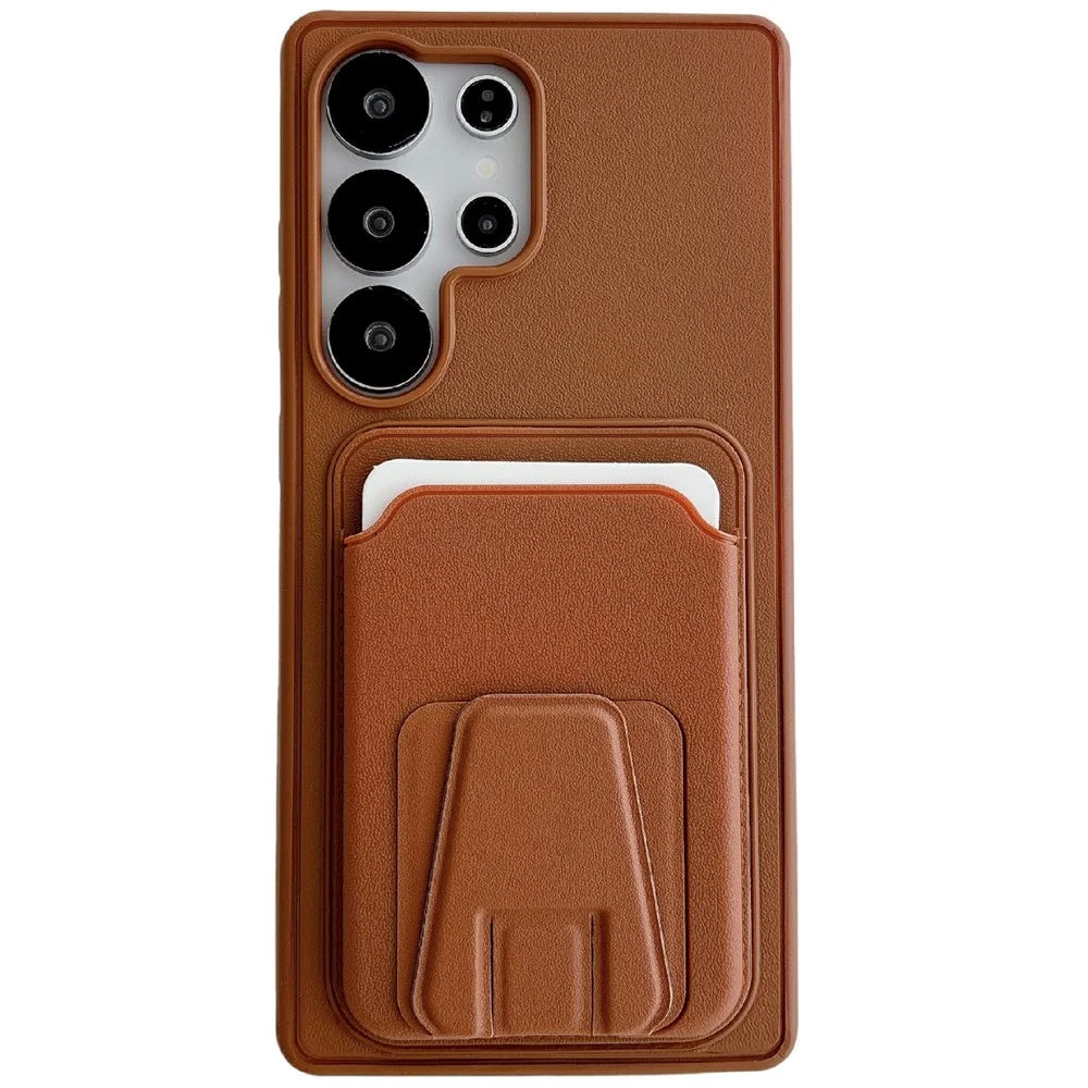For Samsung Galaxy S25 Ultra Phone Case with Card Holder Kickstand Leather PC TPU Shockproof Protective Cover - Brown - 1