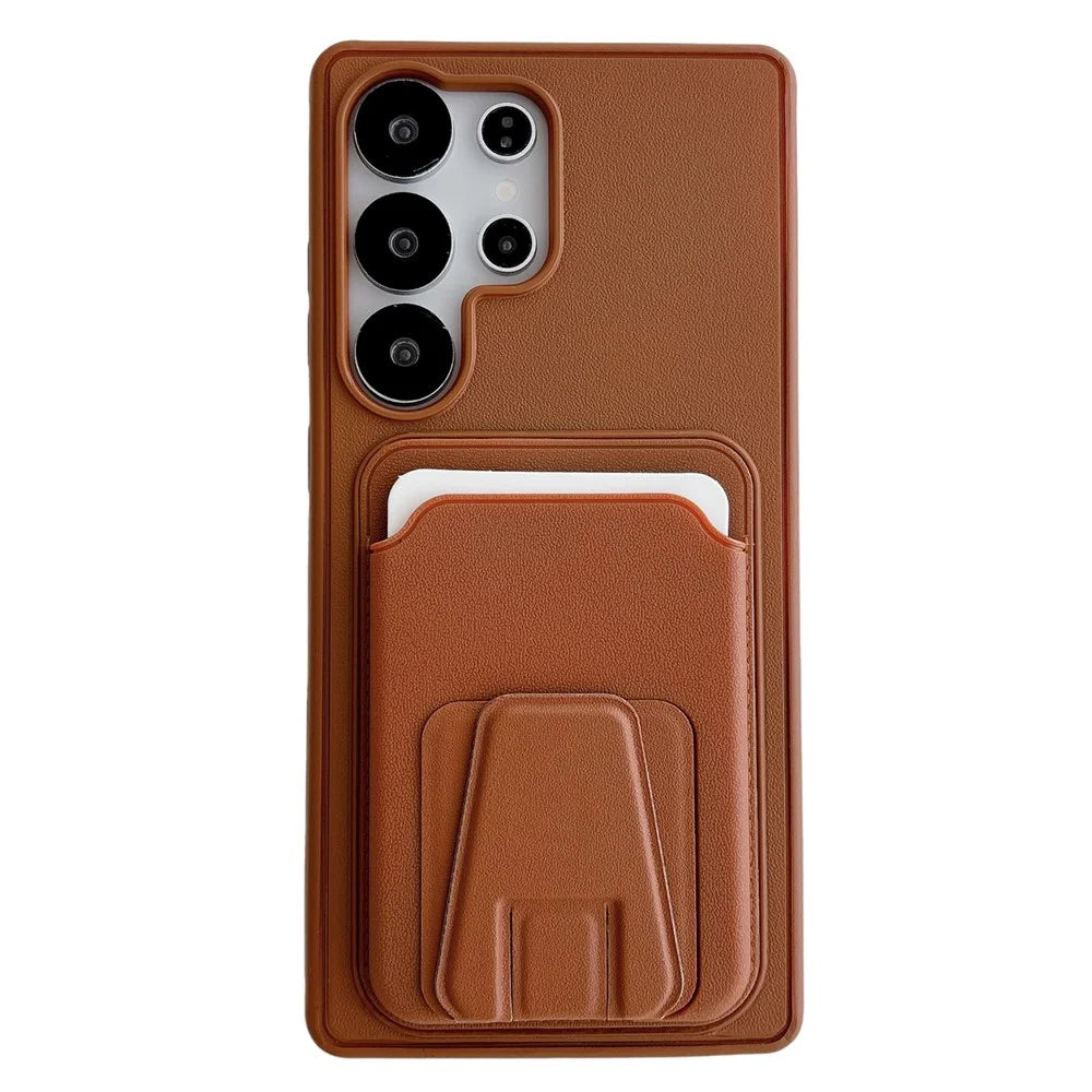 For Samsung Galaxy S26 Ultra Phone Case with Card Holder Kickstand Leather PC TPU Shockproof Protective Cover - Brown - 1