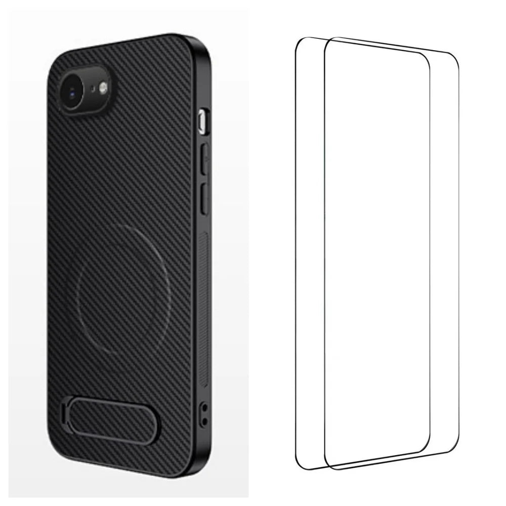 WANLONFENG For iPhone 17e / 16e Magnetic Case with 2Pcs Tempered Glass Films  QT1 Series Kickstand Carbon Fiber Texture PC TPU Phone Cover - Black - 1