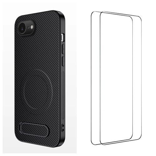 WANLONFENG For iPhone 17e / 16e Magnetic Case with 2Pcs Tempered Glass Films  QT1 Series Kickstand Carbon Fiber Texture PC TPU Phone Cover - Black - 1