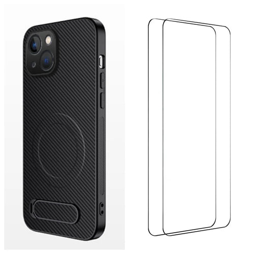WANLONFENG For iPhone 15 Magnetic Case with 2Pcs Tempered Glass Films  QT1 Series Kickstand Carbon Fiber Texture PC TPU Phone Cover - Black - 1