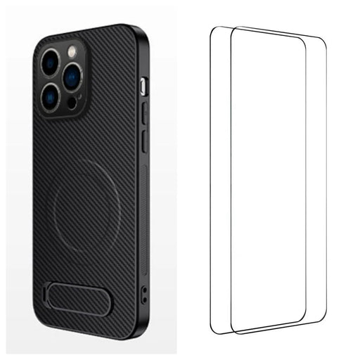 WANLONFENG For iPhone 15 Pro Max Magnetic Case with 2Pcs Tempered Glass Films  QT1 Series Kickstand Carbon Fiber Texture PC TPU Phone Cover - Black - 1