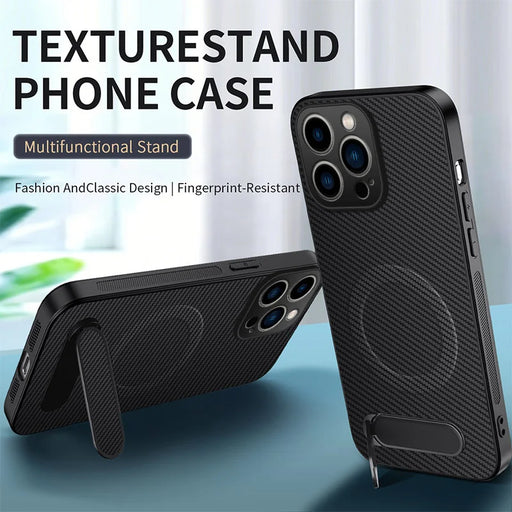 WANLONFENG For iPhone 15 Pro Magnetic Case with 2Pcs Tempered Glass Films  QT1 Series Kickstand Carbon Fiber Texture PC TPU Phone Cover - Black - 2