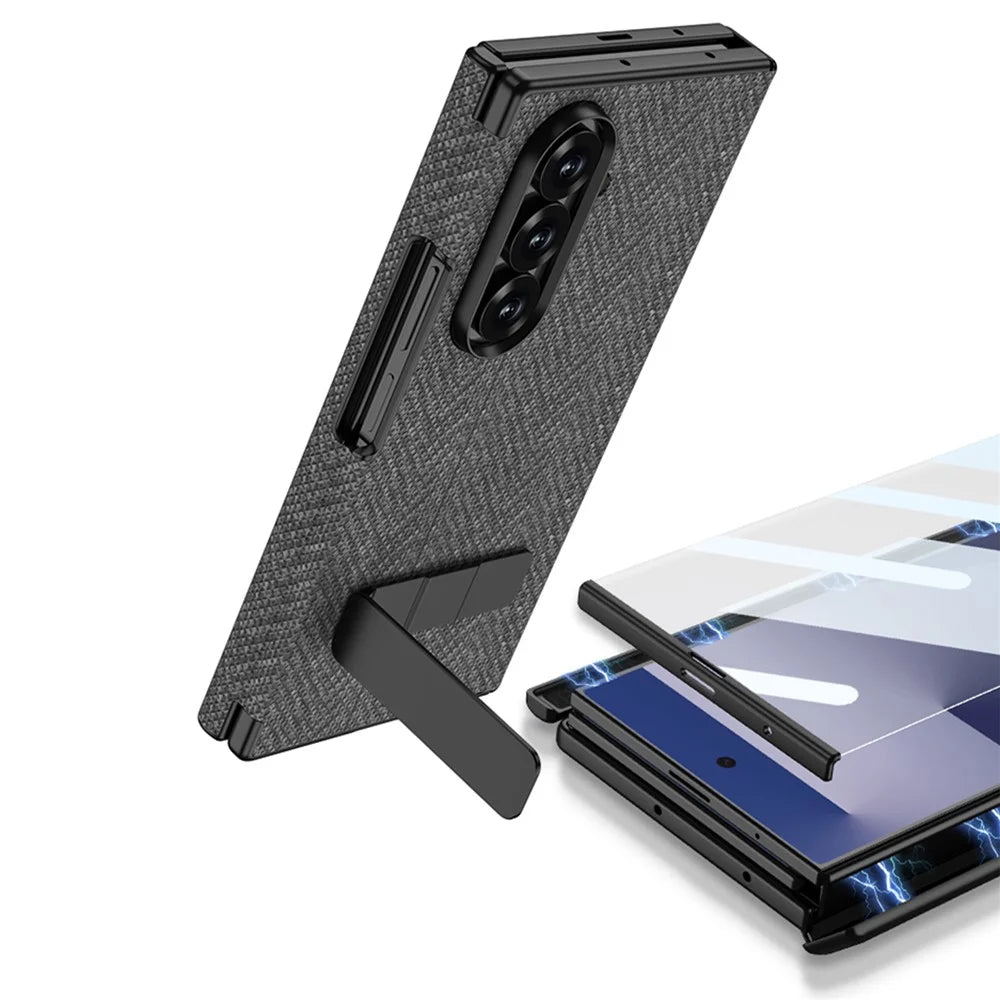 GKK For Samsung Galaxy Z TriFold 5G Magnetic Case Fabric Texture Nylon PC Phone Cover with Tempered Glass and Kickstand - Grey - 2
