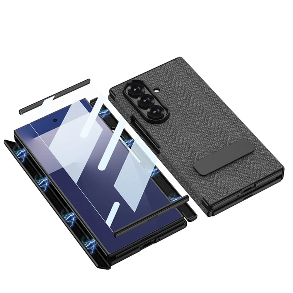 GKK For Samsung Galaxy Z TriFold 5G Magnetic Case Fabric Texture Nylon PC Phone Cover with Tempered Glass and Kickstand - Grey - 4