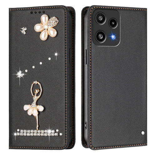 For Nothing Phone (3a) Lite 5G Leather Case RFID Blocking Wallet Stand Rhinestones Ballet Dancer Flip Phone Cover - Black - 1