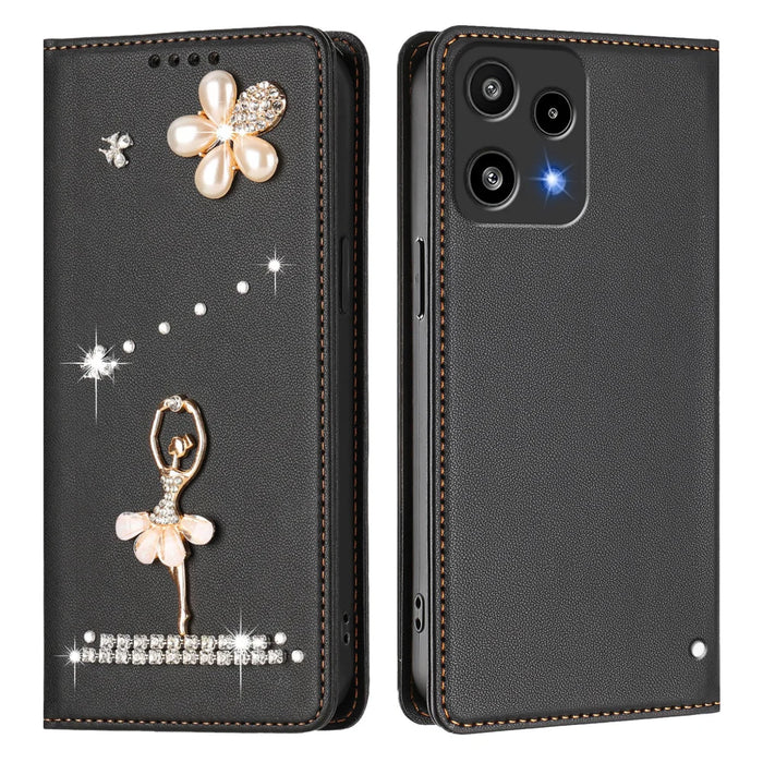 For Nothing Phone (3a) Lite 5G Leather Case RFID Blocking Wallet Stand Rhinestones Ballet Dancer Flip Phone Cover - Black - 1