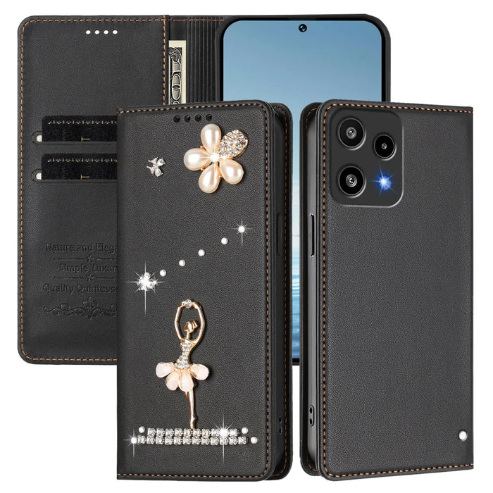 For Nothing Phone (3a) Lite 5G Leather Case RFID Blocking Wallet Stand Rhinestones Ballet Dancer Flip Phone Cover - Black - 2