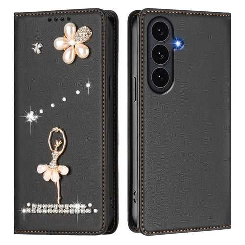 For Samsung Galaxy S26 FE / S25 FE Leather Case RFID Blocking Wallet Stand Rhinestones Ballet Dancer Flip Phone Cover - Black - 1