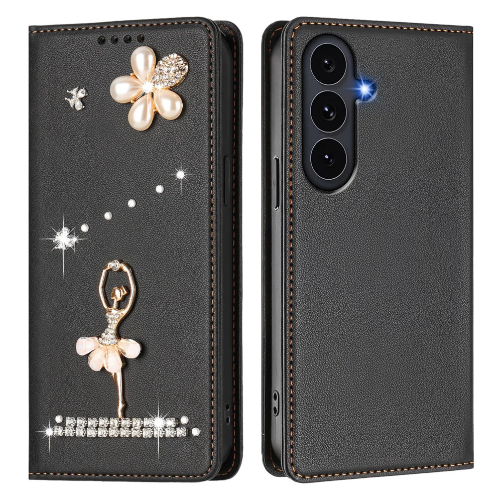 For Samsung Galaxy S26 FE / S25 FE Leather Case RFID Blocking Wallet Stand Rhinestones Ballet Dancer Flip Phone Cover - Black - 1