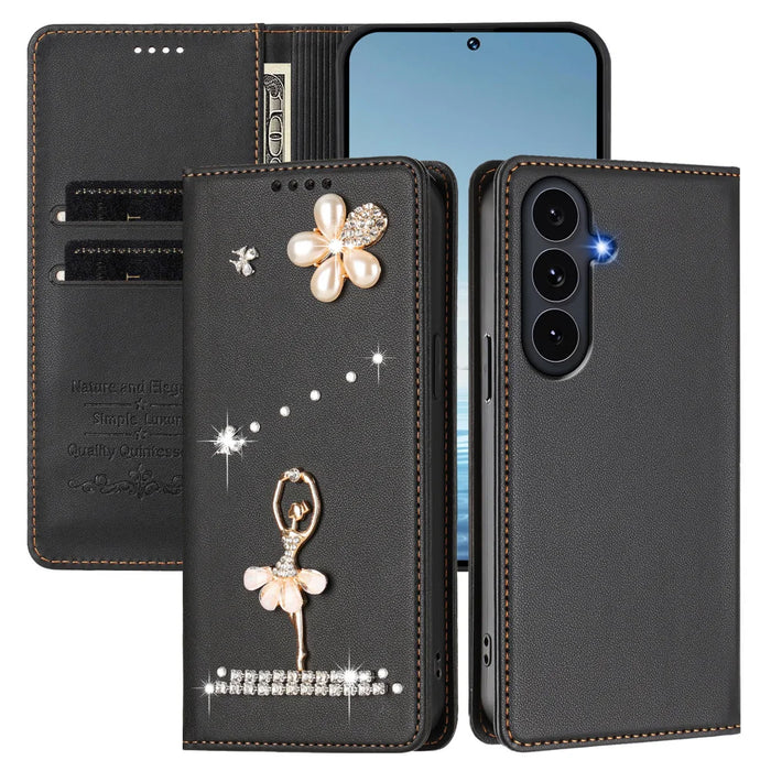For Samsung Galaxy S26 FE / S25 FE Leather Case RFID Blocking Wallet Stand Rhinestones Ballet Dancer Flip Phone Cover - Black - 2