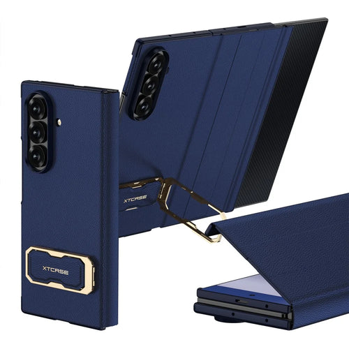 GKK For Samsung Galaxy Z TriFold 5G Flip Leather Case with Tempered Glass and Wristband Kickstand - Dark Blue - 1