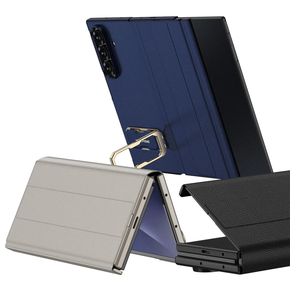 GKK For Samsung Galaxy Z TriFold 5G Flip Leather Case with Tempered Glass and Wristband Kickstand - Dark Blue - 2