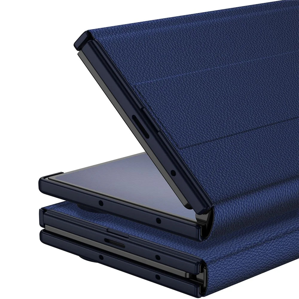 GKK For Samsung Galaxy Z TriFold 5G Flip Leather Case with Tempered Glass and Wristband Kickstand - Dark Blue - 5