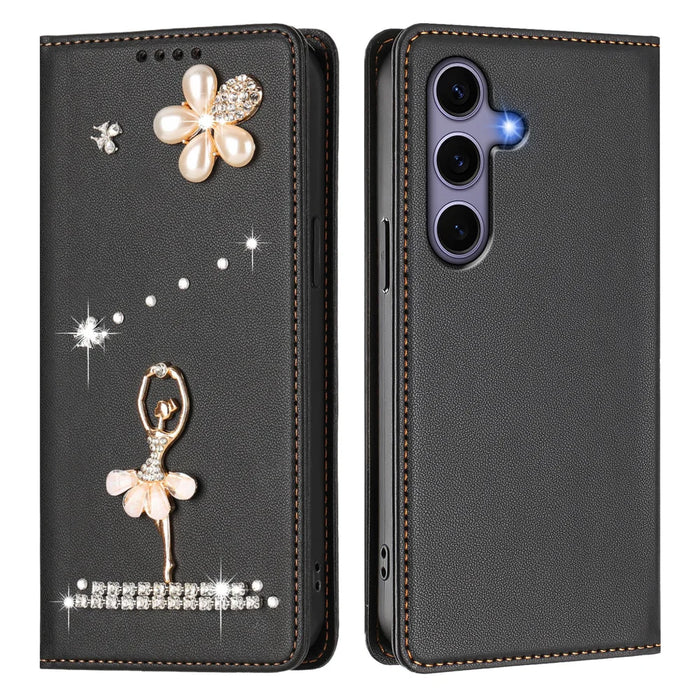 For Samsung Galaxy S24 / Galaxy S25 Leather Case RFID Blocking Wallet Stand Rhinestones Ballet Dancer Flip Phone Cover - Black - 1