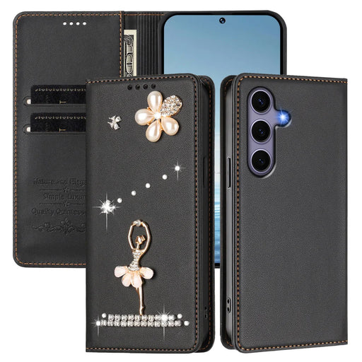 For Samsung Galaxy S24 / Galaxy S25 Leather Case RFID Blocking Wallet Stand Rhinestones Ballet Dancer Flip Phone Cover - Black - 2