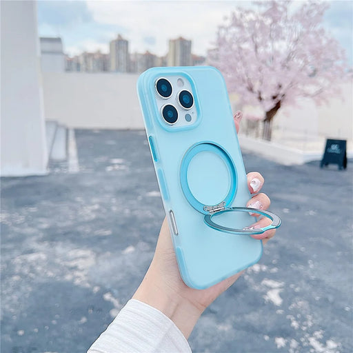 For iPhone 16 Pro Max Magnetic Case Kickstand Skin Touch Rubberized TPU PC Phone Cover Compatible with MagSafe - Blue - 1