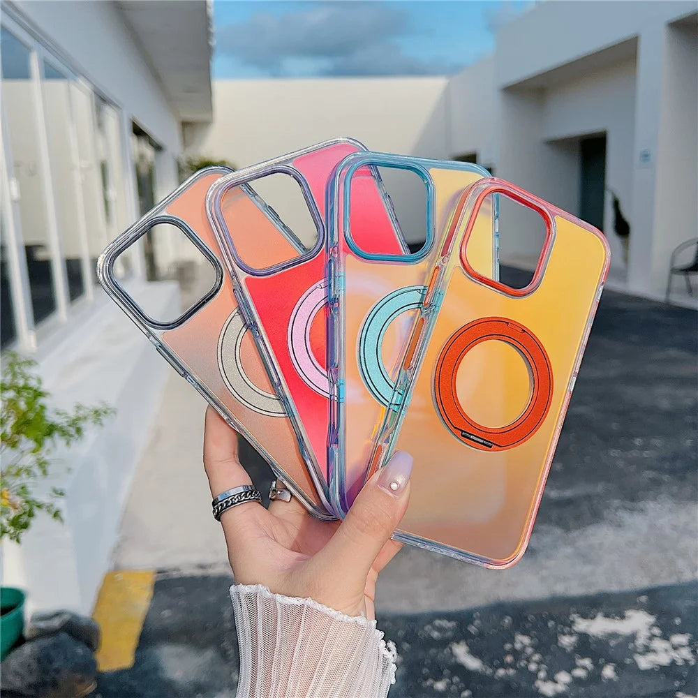 For iPhone 16 Pro Max Magnetic Case Kickstand Laser Color Changing Anti Drop TPU PC Phone Cover Compatible with MagSafe - Purple - 5