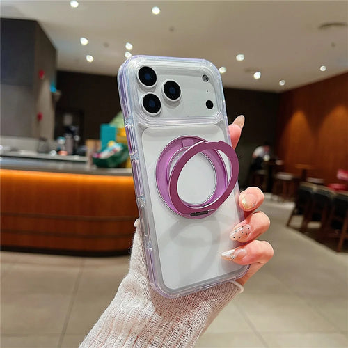 For iPhone 17 Pro Max Magnetic Case Rotating Kickstand with Gear Sound Effect TPU PC Clear Phone Cover Compatible with MagSafe - Purple - 1