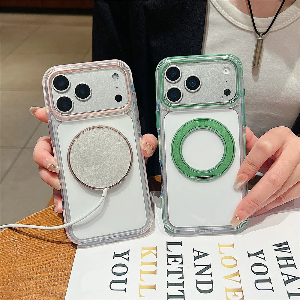 For iPhone 17 Pro Magnetic Case Rotating Kickstand with Gear Sound Effect TPU PC Clear Phone Cover Compatible with MagSafe - Purple - 3