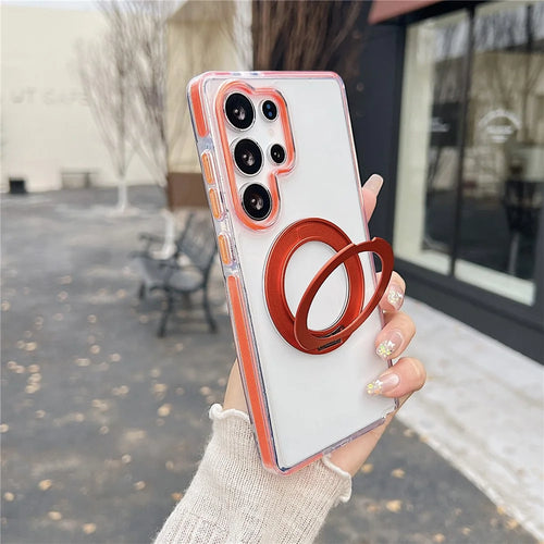 For Samsung Galaxy S25 Ultra Magnetic Case Rotating Kickstand with Gear Sound Effect TPU PC Clear Phone Cover - Orange - 1