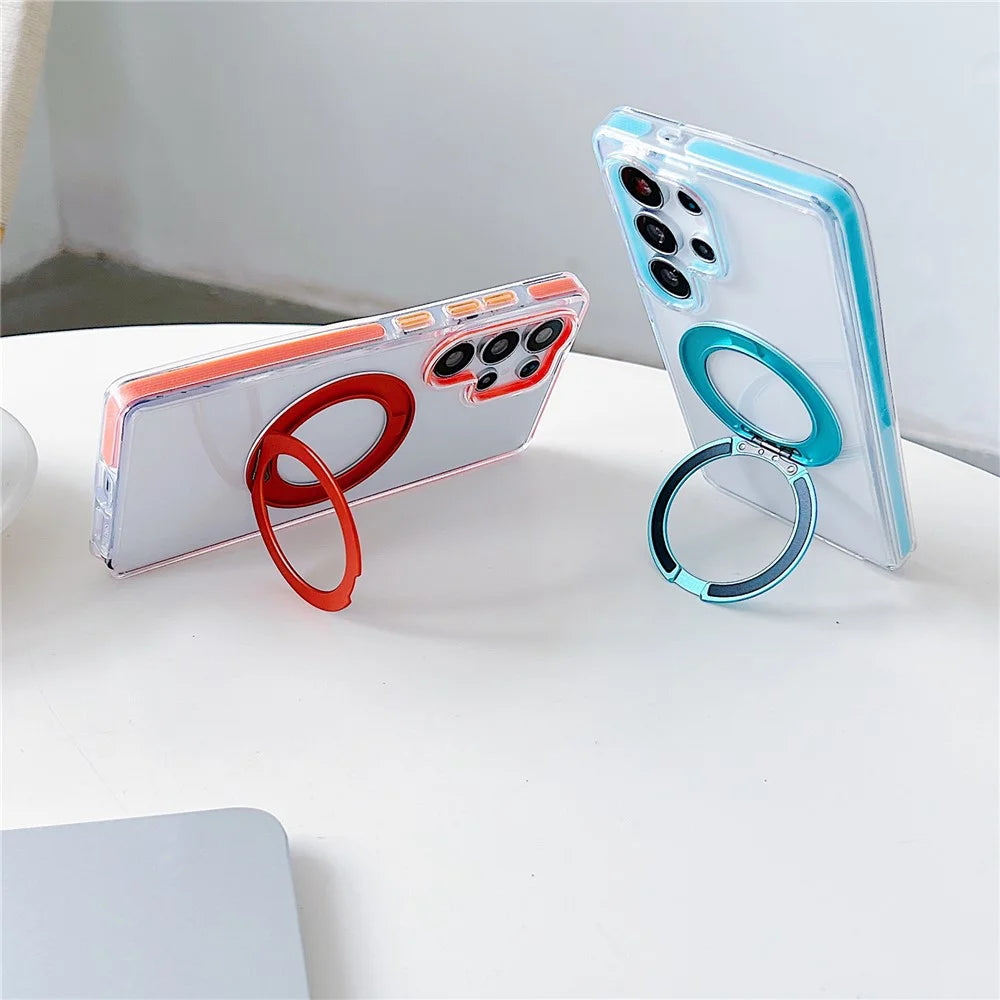 For Samsung Galaxy S25 Ultra Magnetic Case Rotating Kickstand with Gear Sound Effect TPU PC Clear Phone Cover - Orange - 2
