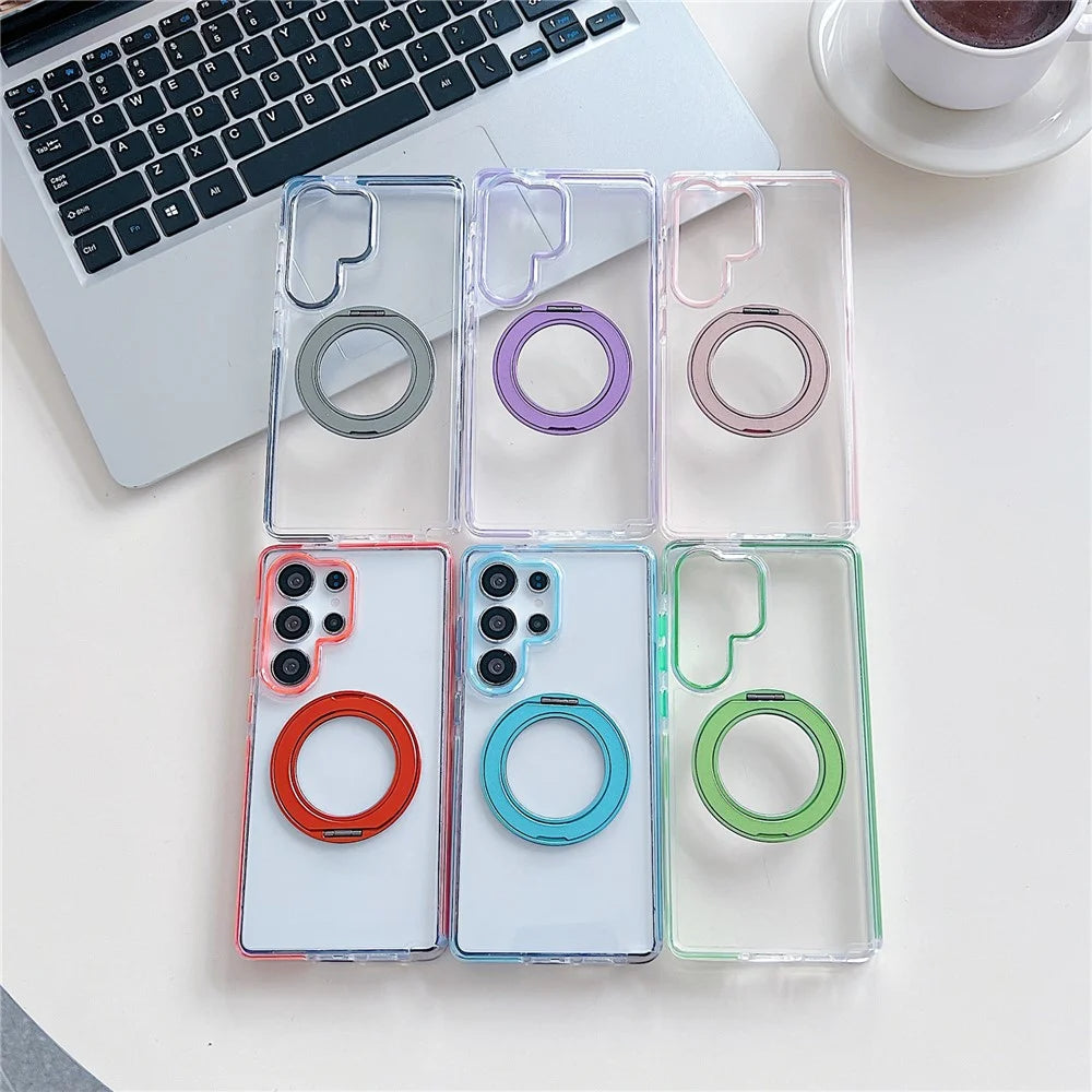 For Samsung Galaxy S25 Ultra Magnetic Case Rotating Kickstand with Gear Sound Effect TPU PC Clear Phone Cover - Orange - 7