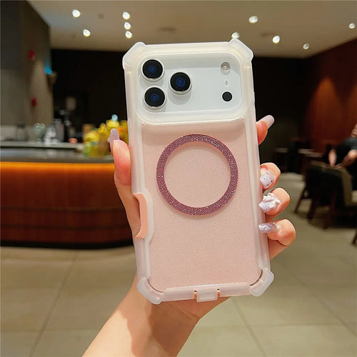 For iPhone 17 Pro Max Case Glitter Shockproof Clear Acrylic TPU Phone Cover Built-in Non-Magnetic Iron Ring - Transparent Pink - 1