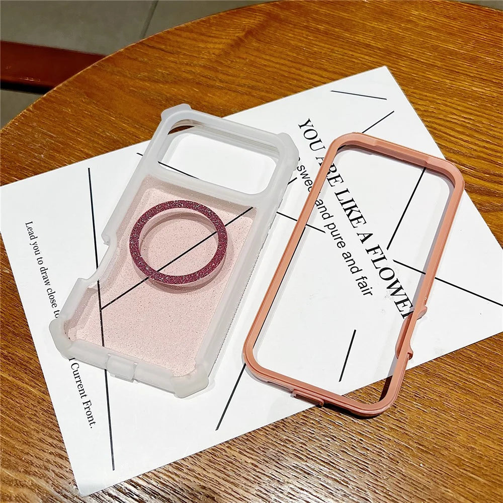 For iPhone 17 Pro Case Glitter Shockproof Clear Acrylic TPU Phone Cover Built-in Non-Magnetic Iron Ring - Transparent Pink - 3