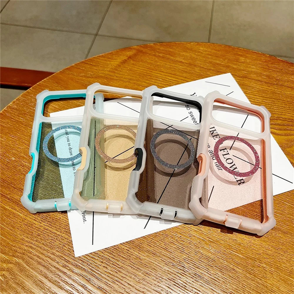 For iPhone 17 Pro Case Glitter Shockproof Clear Acrylic TPU Phone Cover Built-in Non-Magnetic Iron Ring - Transparent Pink - 7