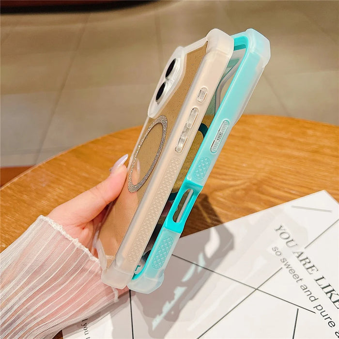 For iPhone 17 Case Glitter Shockproof Clear Acrylic TPU Phone Cover Built-in Non-Magnetic Iron Ring - Transparent Gold - 4