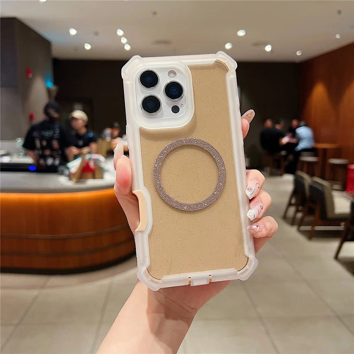 For iPhone 16 Pro Max Case Glitter Shockproof Clear Acrylic TPU Phone Cover Built-in Non-Magnetic Iron Ring - Transparent Gold - 1